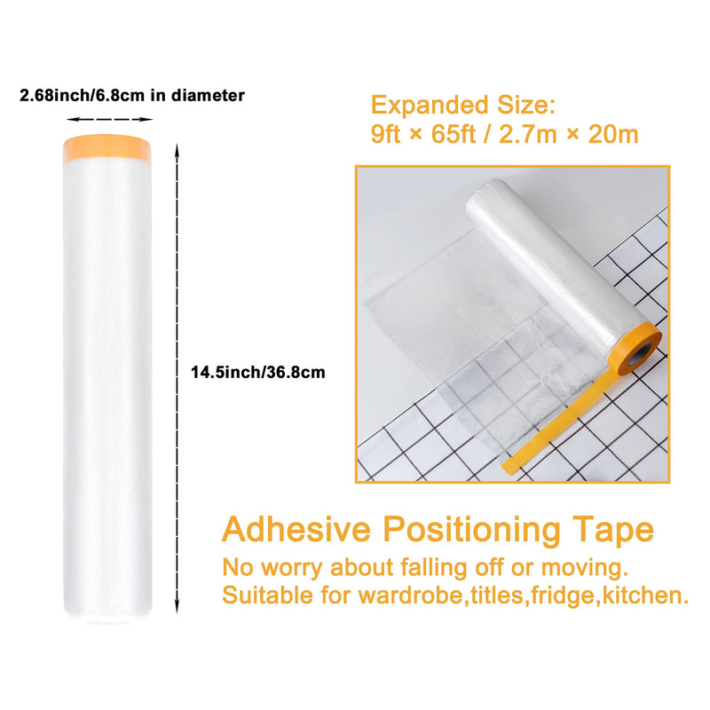 Muf 9 x 65 Feet Plastic Drop Cloth Plastic Sheeting with Masking Tape,Waterproof Protective Masking Film,Prevent Dust Paint for Car,Furniture,Carpet,Floor,1 Pack 1 9 × 65 feet
