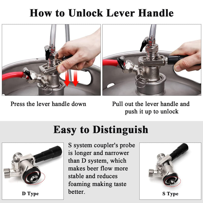 European Sankey S System Keg Coupler, 1/4'' Beer Barb Stainless Steel Probe Brass Body 5/16'' Gas Tailpiece Draft Kegerator Tap Dispenser with Safety Pressure Relief Valve Brewing Hose Clamp s type keg coupler