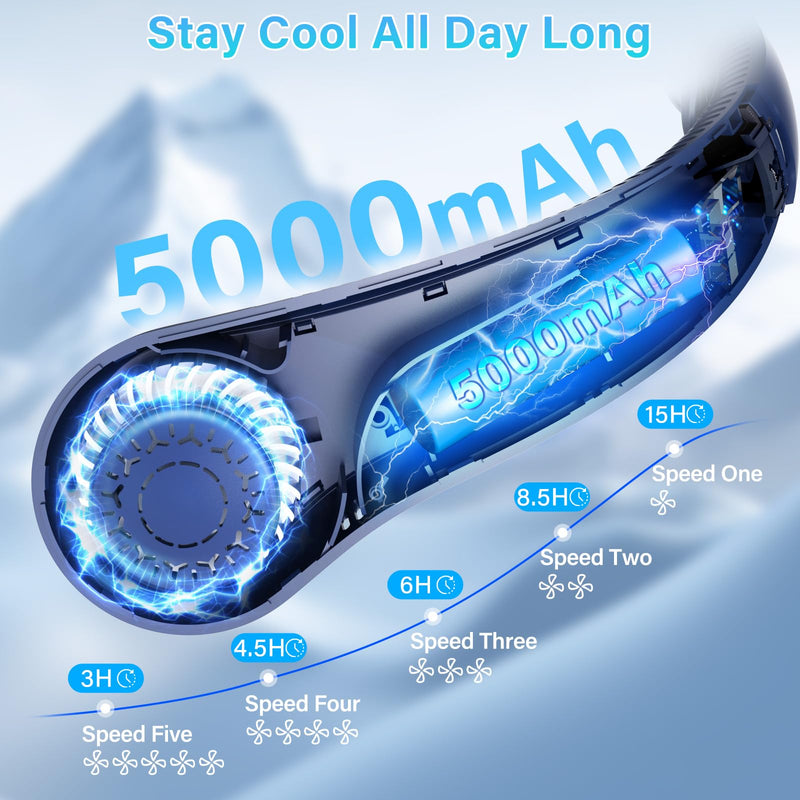 Portable Neck Fan Rechargeable, 5 Speeds, Lightweight, Long Lasting, Battery Operated All-Around Cooling Quiet Personal Fans for Travel Camping Cooling Essentials, Birthday Gifts for Women Men Mom Dad Blue