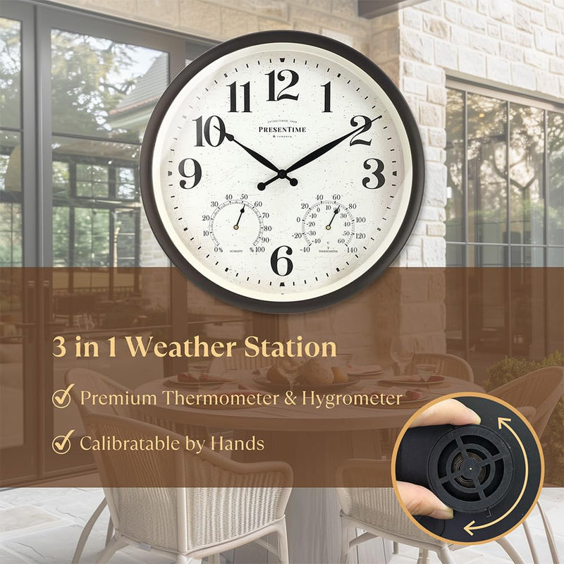 Presentime & Co 16" Farmhouse in/Outdoor Clock, Wall Clock & Weather Station, Weather Thermometer, Wall Décor and Timepiece for Farmhouse Decoration, Oil Rubbed Bronze Finish
