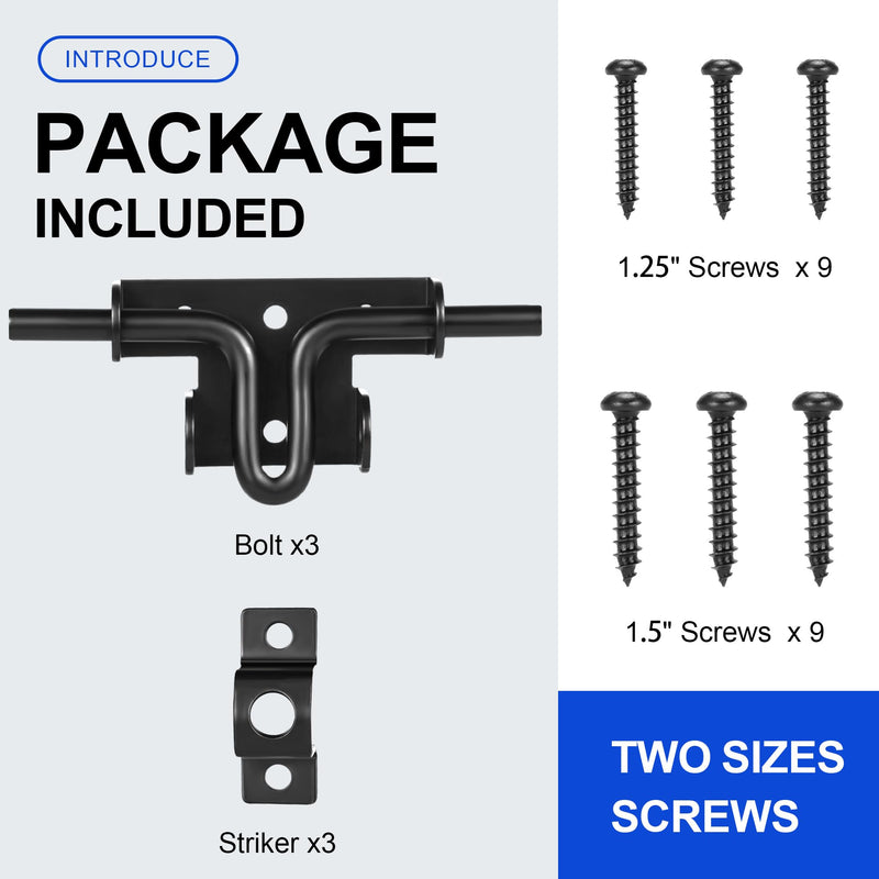 Slide Bolt Gate Latch with Padlock Hole, Heavy Duty Fence Slide Latches Outdoor Doors for Wooden Fence, Shed Door, Vinyl Door-3pack 3