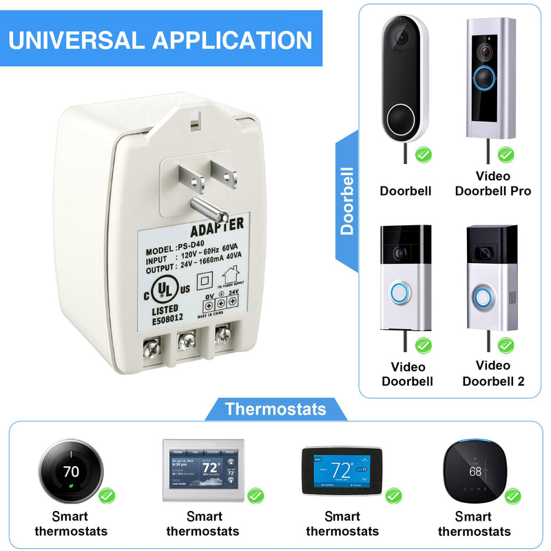 1 Pack 24 Volt Transformer, 40 VA AC Transformer Plug in with PTC Fuse Competible with All Versions of Ring Doorbell and Thermostat, Compatible with Nest, Ecobee, Sensi, Honeywell, 24V Adapter 1