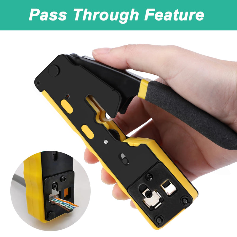 PETECHTOOL RJ45 Crimp Tool Pass Through Ethernet Crimping Tool Kit Cat6 Cat5e Cat6a RJ45 Crimper with Cable Tester, Cat6 Connectors with RJ45 Boot Covers, Mini Stripper, Blades and Cable Ties Crimper Kit