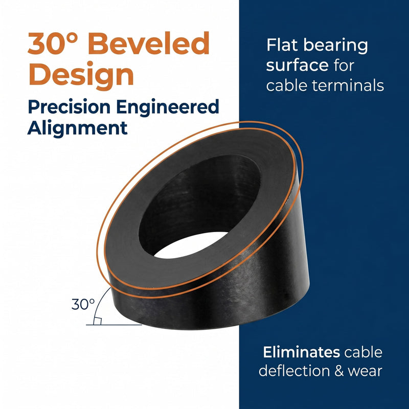 20-Pack 5/16" ID Black T316 Stainless Beveled Washers for Cable Railing | 30° angle, marine-grade T316 stainless steel, 5/16" ID, for 1/8" & 3/16" cable railing, fits wood/metal posts, 20-pack