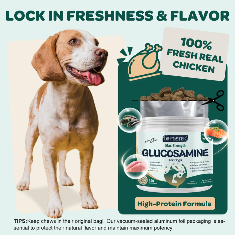 Glucosamine for Dogs, Hip and Joint Supplement for Dogs with Chondroitin, MSM, Turmeric, Omega-3 & Calcium, Dog Glucosamine Supports Pain Relief, Mobility & Comfort, Chicken Flavor, 120 Soft Chews 120 CHEWS