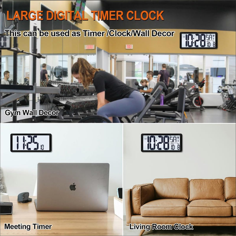 15 Inch Large Rechargeable Digital LCD Wall Clock with Backlight Glow in the Dark,Night Light Wall Clock with Week,Date & Temperature,DST,Alarm Display for Living Room, Bedroom, Gift for Elderly Black