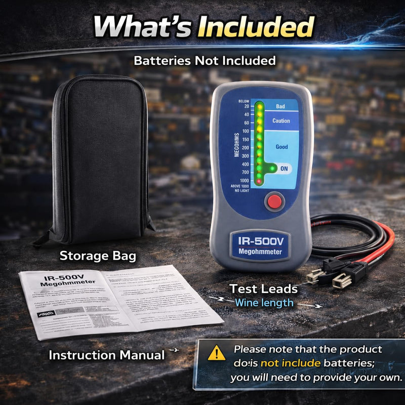 500V Insulation Tester Megohmmeter, 500V Digital Insulation Resistance Tester up to 1000MΩ, HVAC Compressor & Motor, Battery Operated, Includes Soft Carrying Cas