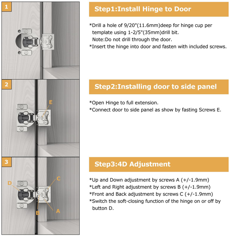 Furniware 2 Pieces 1/4" Small Overlay Concealed Face Frame Hinges, 105° Open Angle 4 Level Soft Close Screw On Compact Cabinet Hinge,for Face Frame Door, Soft Close On/Off Switch, Self Closing 1/4 Inch - NewNest Australia