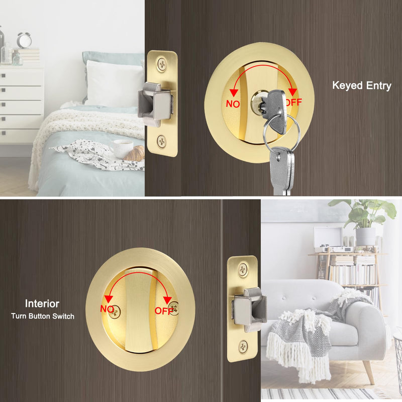 Dontay Pocket Door Keyed Lock with Handles, Round Contemporary Entrance Sliding Barn Door Lock Latch, Recessed 2 Sided, 2-3/8 inch Backset, Flush Handles Hardware(Satin Brass,1) Satin Brass 1