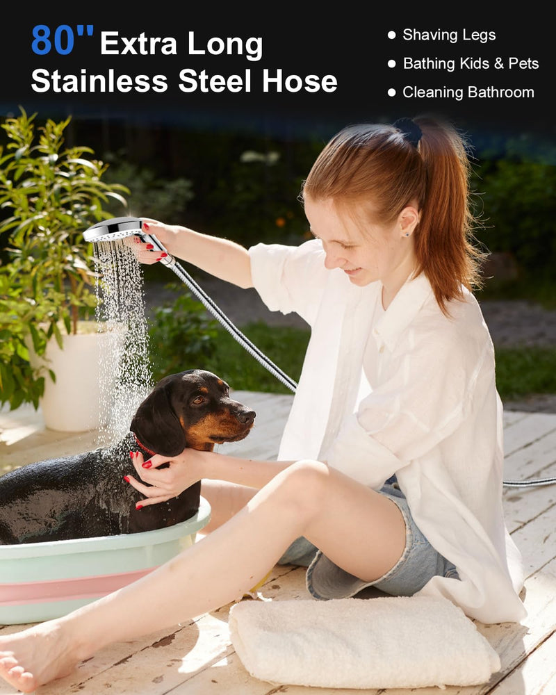 Shower Head with Handheld, High Pressure Handheld Shower Head with 80" Extra Long Stainless Steel Hose & Adjustable Bracket, Showerhead with ON/OFF Switch for Pets Bath 6 Spray-Settings Premium Chrome