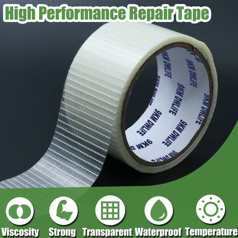 9KM DWLIFE Kite Ripstop Repair Tape 5cm-10cm Bi-Directional Fiberglass Filament Tape Clear Waterproof Strong High Adhesion Tear UV Resistance for Tent Sail Awning RV Camper Packing Fabric 32FT x 1.97in / 10M x 5cm