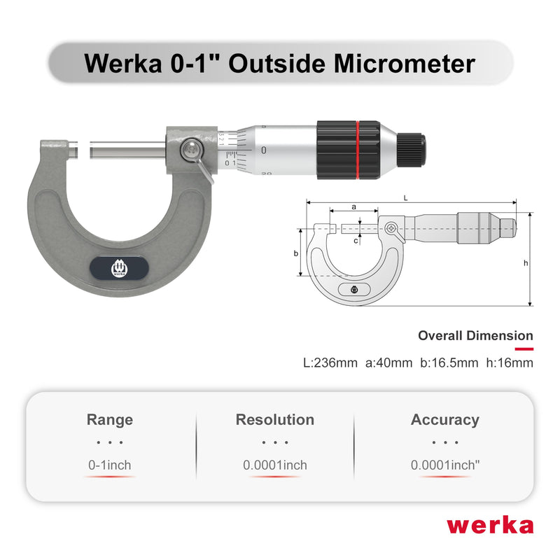 Werka Professional Outside Micrometer, 0-1 Inch Range with 0.0001 Inch Graduations, Precision Measurement Tool with Ratchet Stop, Storage Case Included