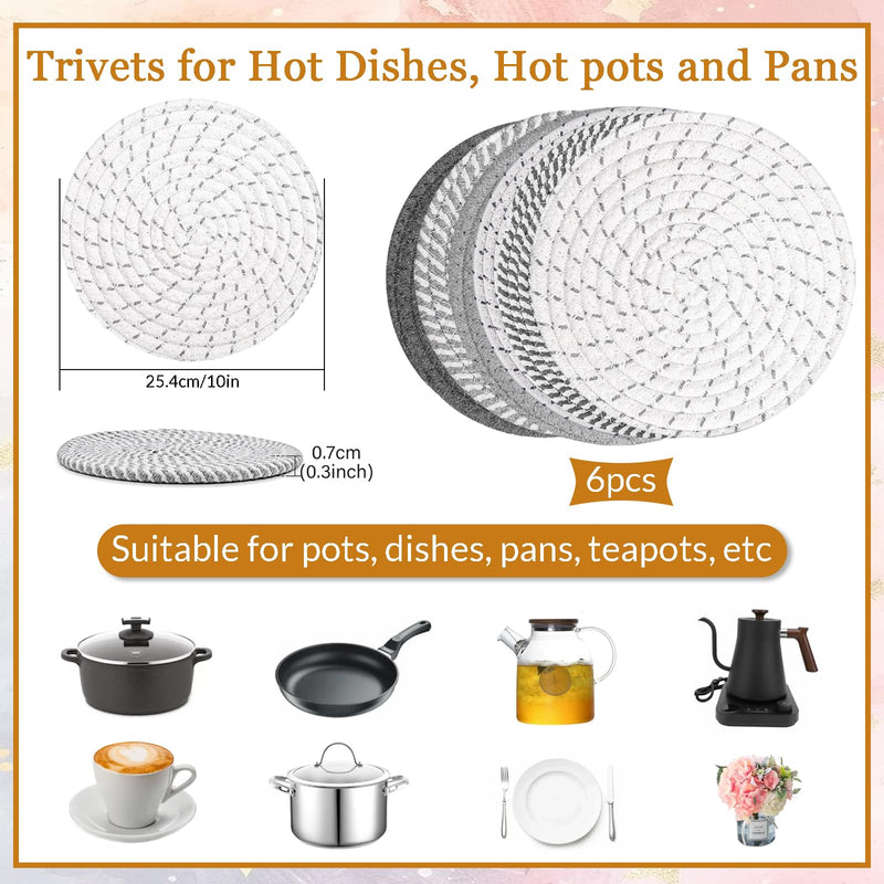6Pcs Trivets for Hot Dishes - Hot Pads Cotton Rope Pot Holders for Kitchen Gray Pan Protectors for Stacking 10 Inch