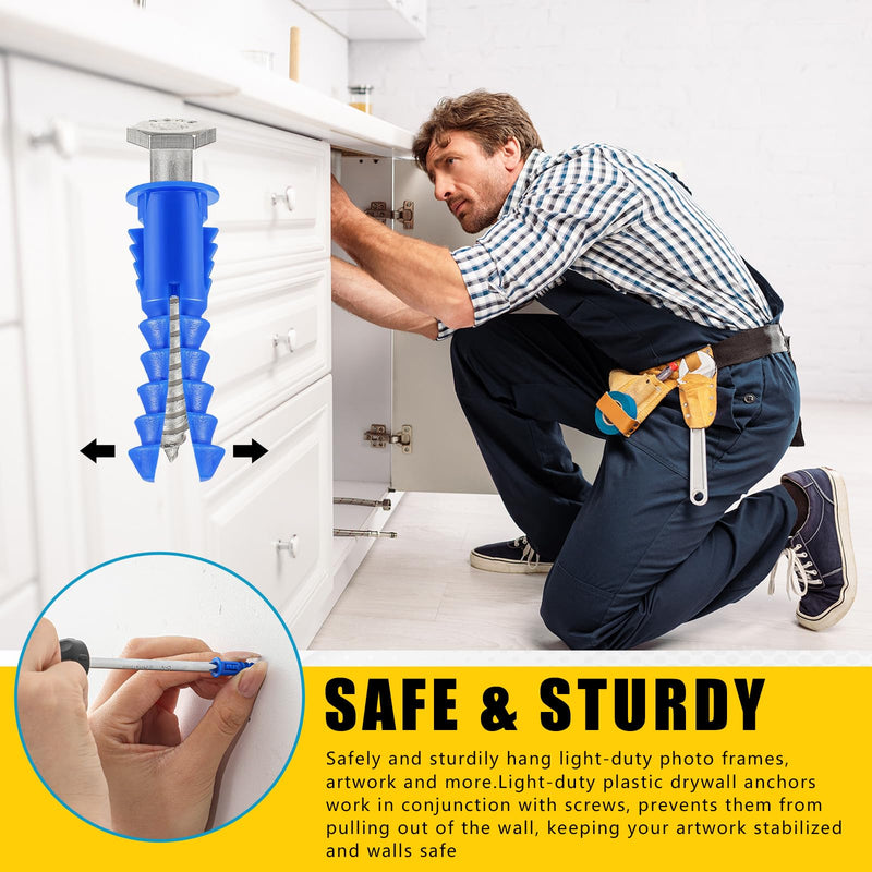 1000 Pcs #8-10-12 x 1-1/4 Inch Ribbed Lightweight Plastic Anchors Drywall Anchors for Hollow Walls Pictures Artwork Decor Light Duty Anchoring Application (Blue) 8-10-12 x 1-1/4 Inch Blue 1000