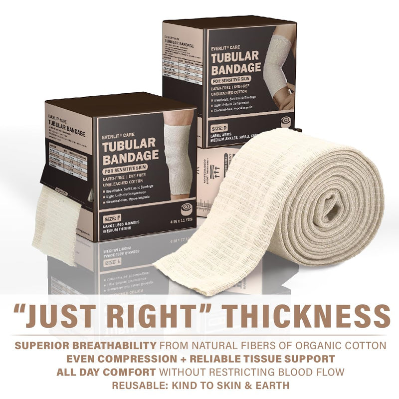 EVERLIT Organic Cotton Blend Elasticated Tubular Support Bandage | Latex-Free Stockinette Light to Moderate Compression for Arm, Knees, Legs | Tissue Support for Sensitive Skin | 4" x 11 yd Size F | 4" x 11 yd