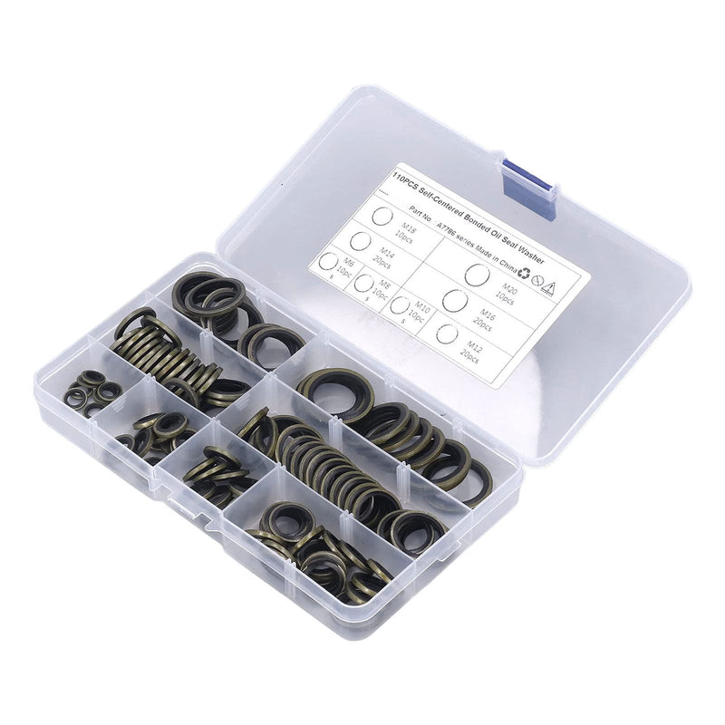 Bonded Seal Washer, Crush Washer for Crush Washer Oil Drain Plug, 110 PCS Oil Plug Gasket, NBR Metric Metal Automotive Sealing Washers Assortment Kit of Crush Washer Assortment M6-M20