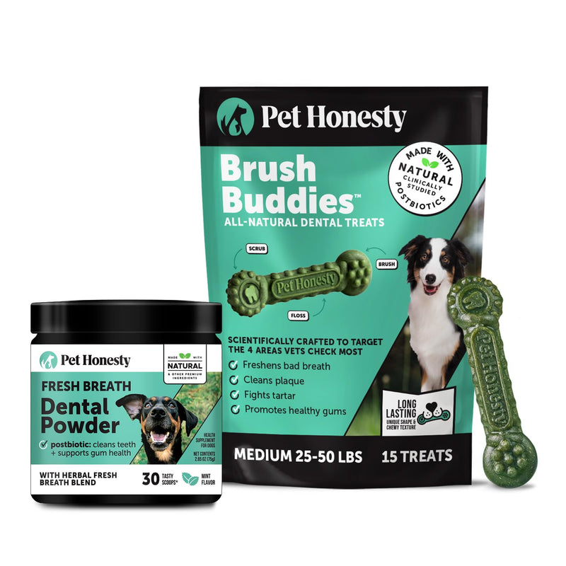 Pet Honesty Dog Dental Care Virtual Bundle – Breath Freshener Dental Powder (30 Servings) + Brush Buddies Dental Sticks for Medium Dogs (15 Ct) – Teeth Cleaning, Plaque & Breath Support