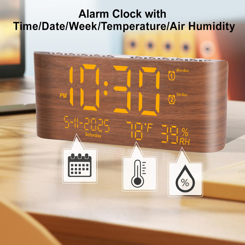 PPLEE 8.7inch Digital Alarm Clock for Bedroom-Digital Clock with Day of Week Month Year Humidity & Temperature Brightness Snooze 2 Alarm Clock & 2 USB Charger Desk Clock for Heavy Sleeper