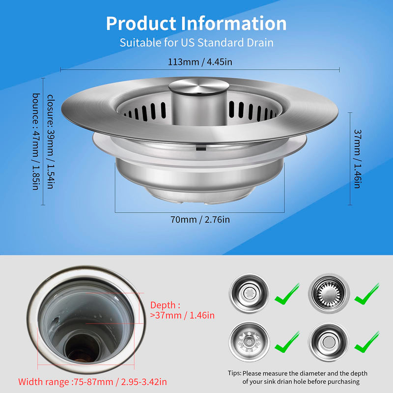 Upgraded 3 in 1 Kitchen Sink Drain Strainer - Stainless Steel Sink Stopper, Anti-Clogging Sink Food Catcher Basket, Fast Drainage Odor Filter Sink Plug for US Standard 3 1/2 inch Drain (Silver-1Pack) Silver-1pack