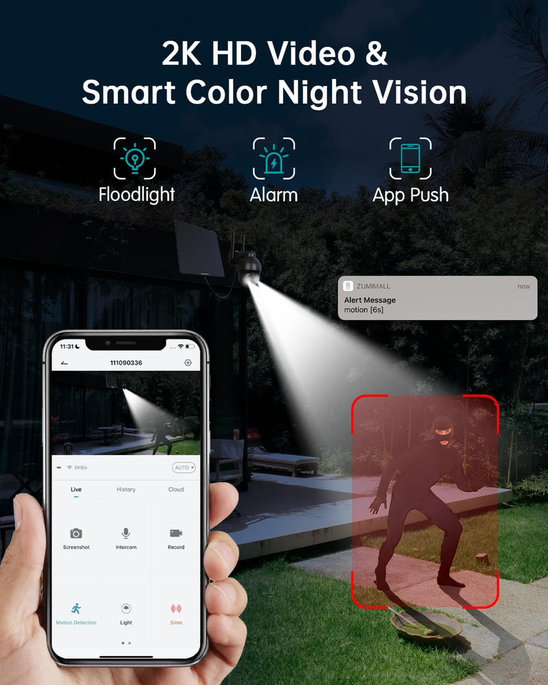 ZUMIMALL 4G LTE Cellular Solar Security Cameras Wireless Outdoor, 3MP No WiFi Cameras for Home Security, 360° Live View, 2K Color Night Vision, PIR Motion Sensor, 2 Way Talk, Built in SIM Card Black - 4G LTE Solar Cam