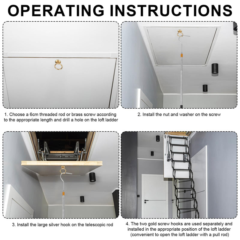 Ladder Pull Down System Kit, Attic Stairs Door Pull Replacement Set with Up to 64in Retractable Tie Rod with Hook M4 Screw Screw Nut Extension Pole and Copper Storage Hook Handle Part Tool Accessories