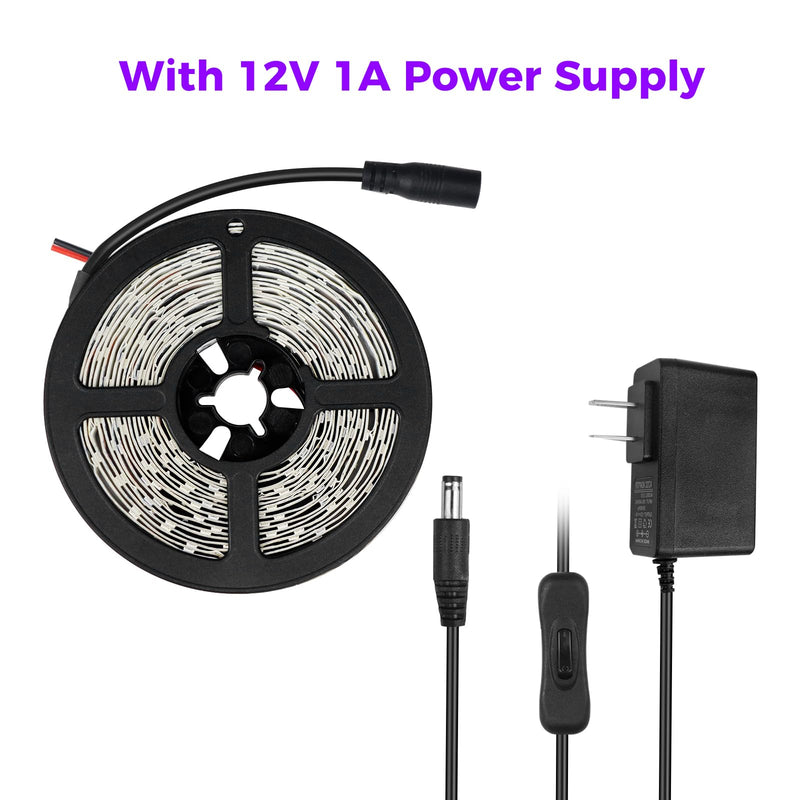 YGS-Tech 24 Watts UV Black Light LED Strip, 16.4FT/5M 3528 300LEDs 395nm-405nm Non-Waterproof Blacklight Night Fishing Implicitly Party with Power Supply 24Watts