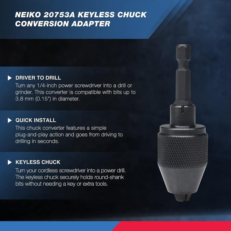 NEIKO 20753A Keyless Drill Chuck for Impact Driver, Chuck Conversion Adapter, 1/4” Hex Shank, Convert Cordless Screwdrivers into Power Drills in Seconds, For Round-Shank Drill Bits, No Keys Needed Hex to Chuck Adapter
