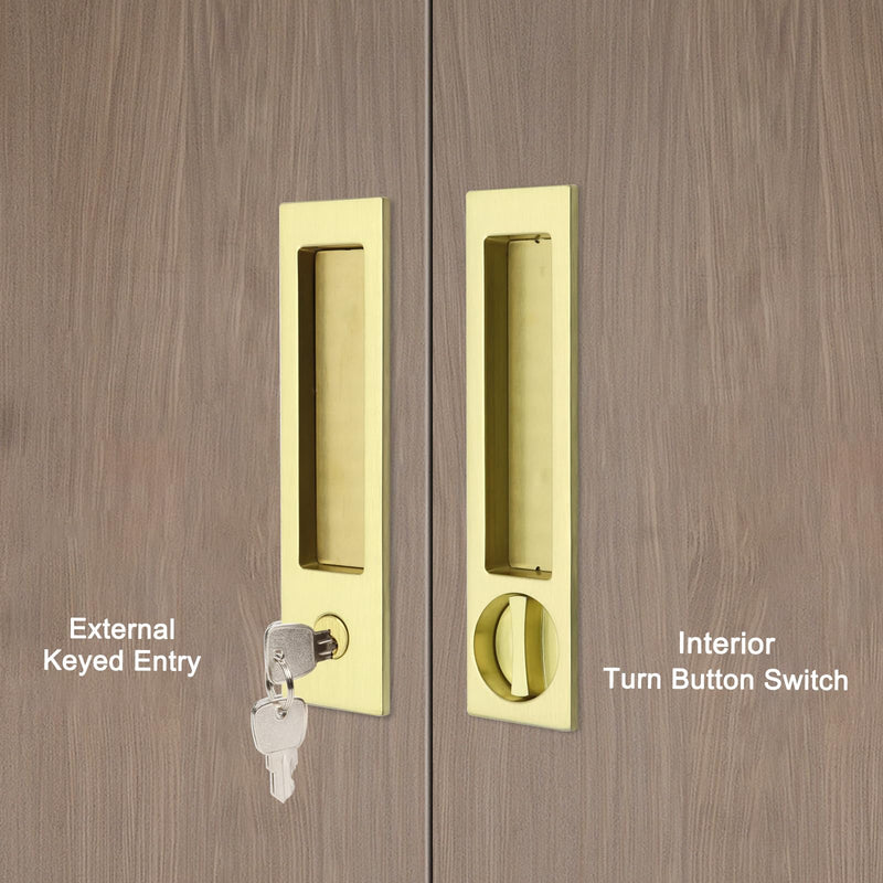 Dontay Pocket Door Handle with Lock and Edge Pull, Narrow Modern Rectangular Keyed Entry Function, Recessed Sliding Door Hardware for 1 3/8” to 2 3/16” Thickness Door (1, Satin Brass)