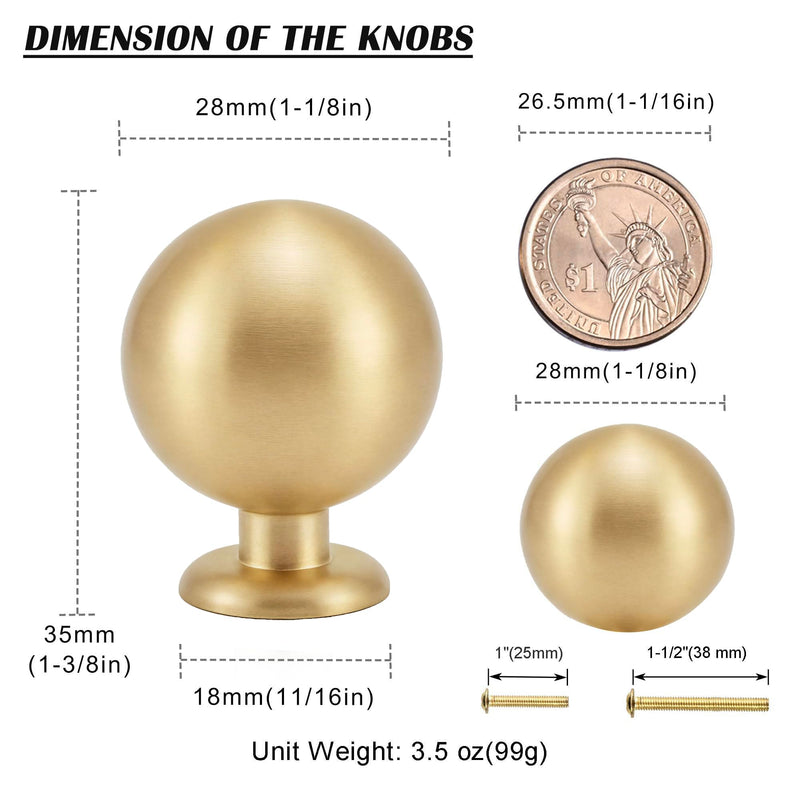 5-Pack Solid Brass Round Ball Cabinet Knobs, 1.1 Inch Brushed Gold Drawer Knobs, Modern Heavy Duty Sphere Dresser Pulls, Luxury Decorative Furniture Hardware for Kitchen Bathroom 5