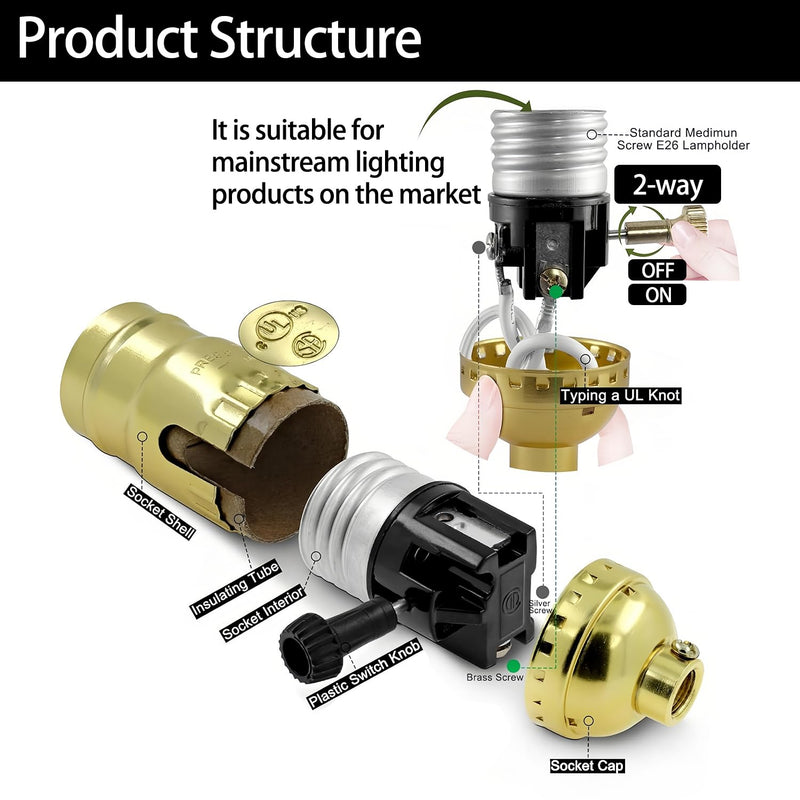 Lamp Socket Replacement, E26 Threaded Base, Turn Knob for ON/Off Light Settings, Lamp Parts for Table and Floor Lamps Repair, Dimmable Light Bulb Socket with Lamp Switch (Gold) 2 Way - Turn Knob