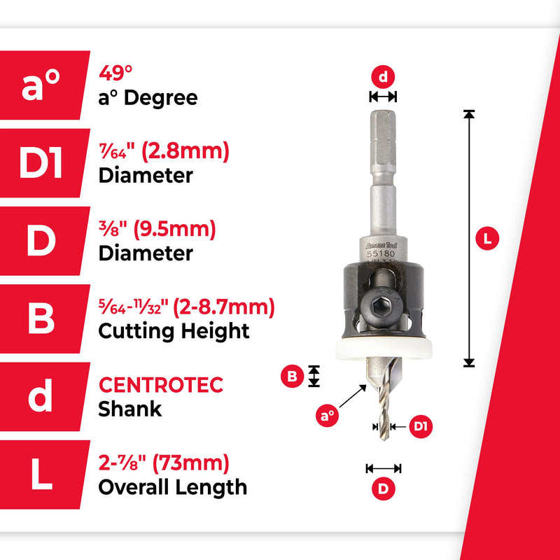 Amana Tool Carbide Tipped 82 Degree Countersink Drill Bit and Adjustable Depth Stop, Compatible with Festool CENTROTEC, 55180, 3/8 Dia x 7/64 Drill D