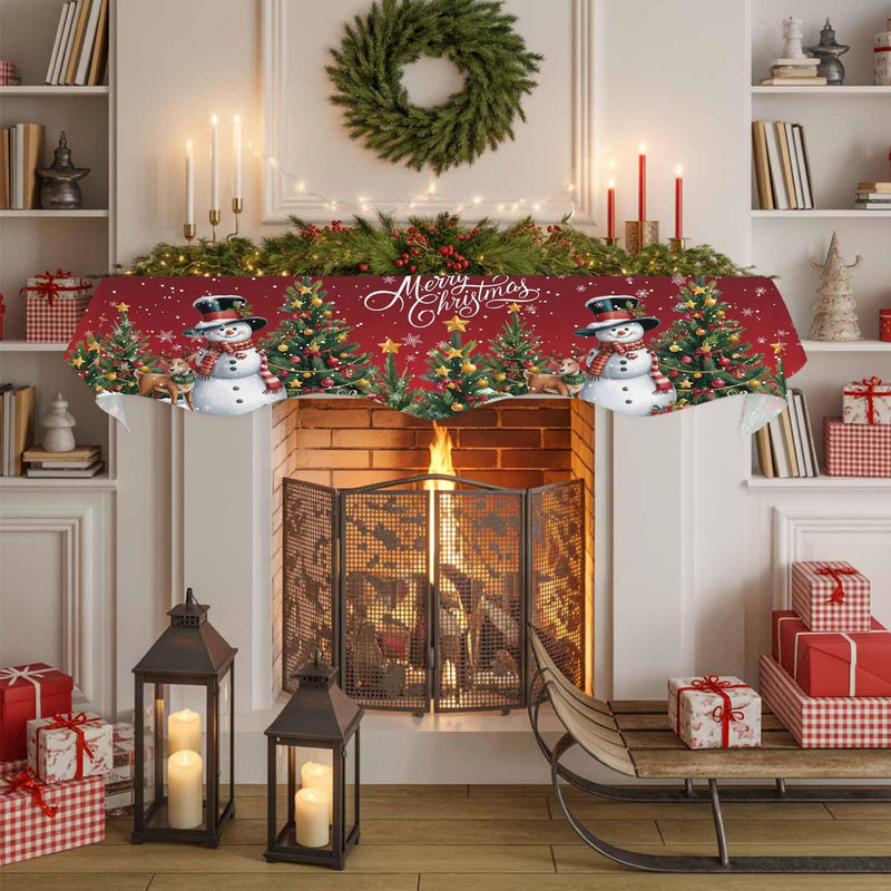 DecorLovee Dark Red Christmas Mantle Scarf 90x17 Inch, Xmas Snowman Fireplace Christmas Decorations Cover Runner, Tree Elk Snowflake Christmas Mantel Decorations Xmas Mantel Scarves 90 x 17 Inches