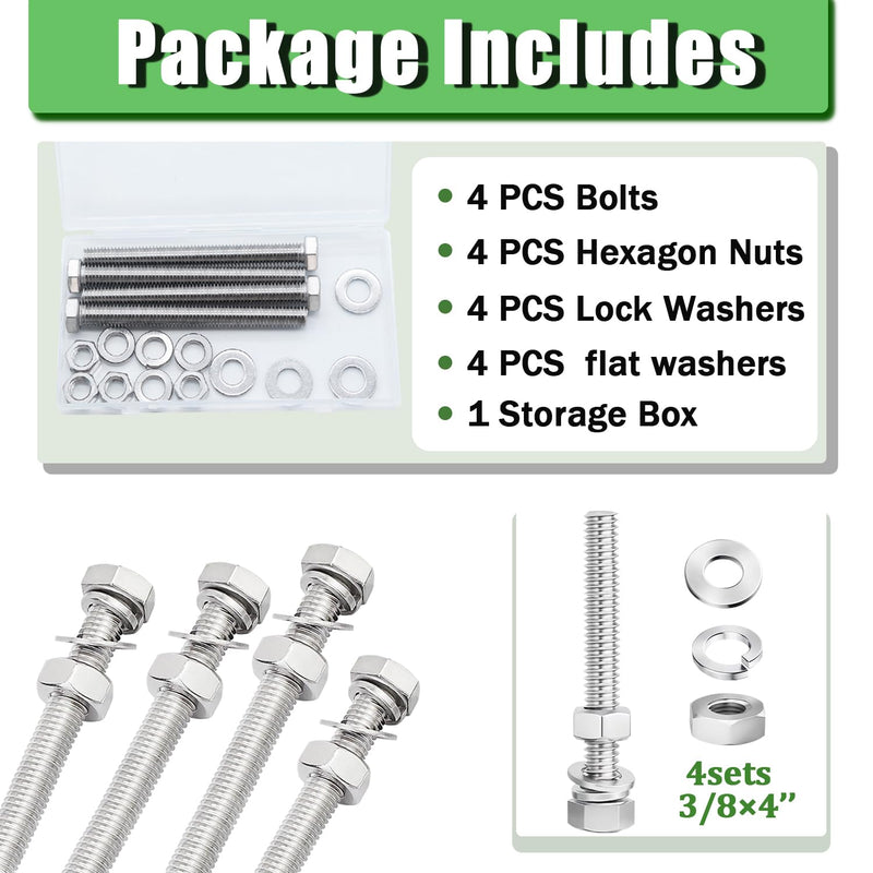 4 Sets 3/8-16 x 4 Stainless Steel Hex Head Screws Bolts, Nuts, Flat & Lock Washers, 18-8(304) Full Thread 3/8-16 × 4"（4 Sets）