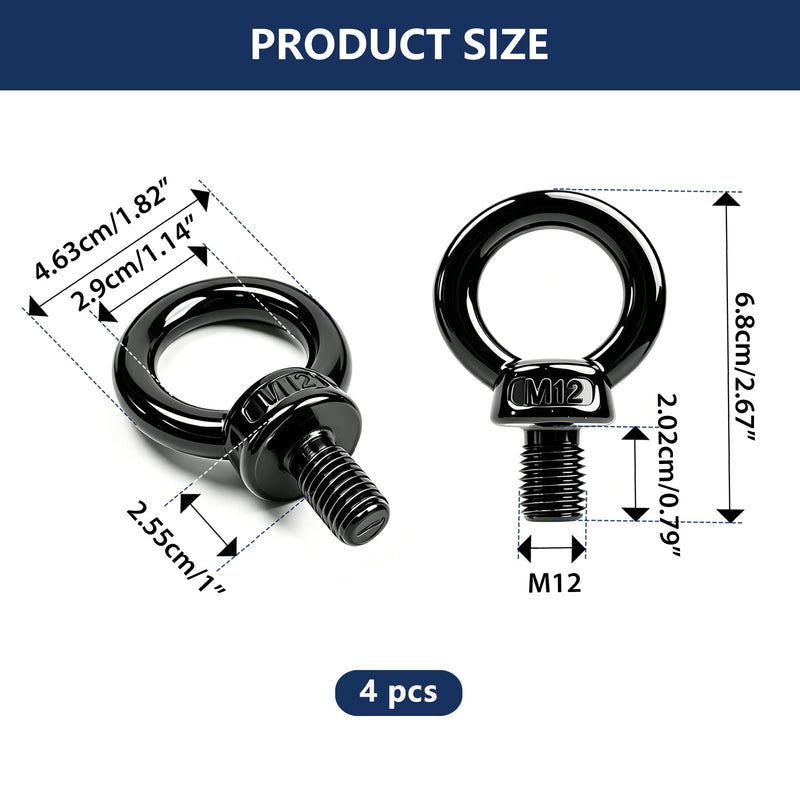 Premium 304 Stainless Steel Lifting Eye Bolt - Heavy Duty Machinery Shoulder M12 Eye Bolt for Industrial Rigging, Secure Hanging & Wood Applications (Black, 4 Pcs)