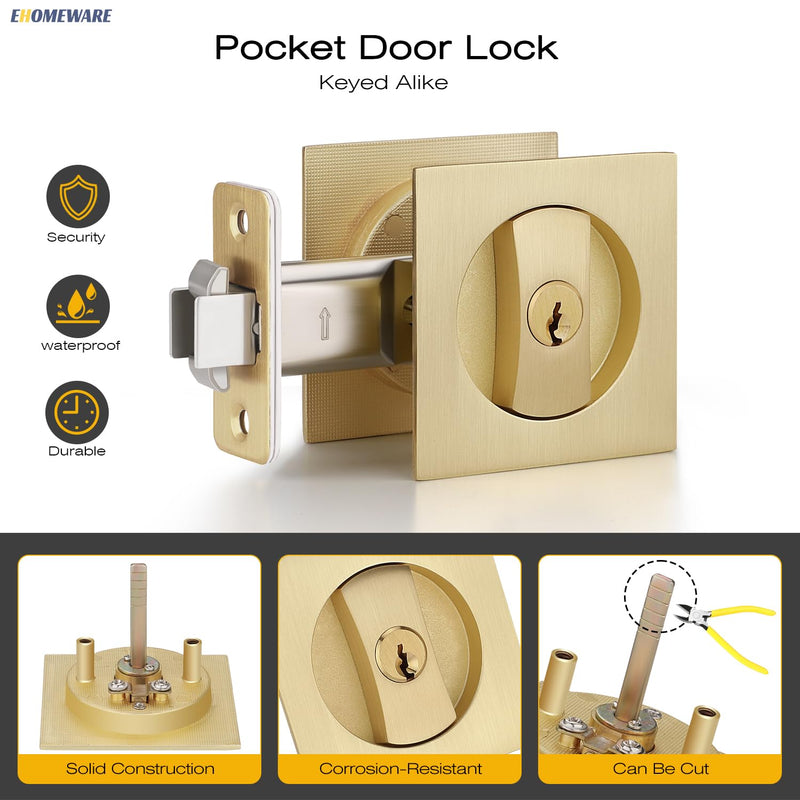 EHOMEWARE 2 Pack Gold Pocket Door Handles, Pocket Door Hardware with Lock, Keyed Alike Pocket Door Lock for Sliding Door, Heavy Duty Recessed Design, Fit Left/Right Doors Entry Door Lock-2 Pack Satin Brass