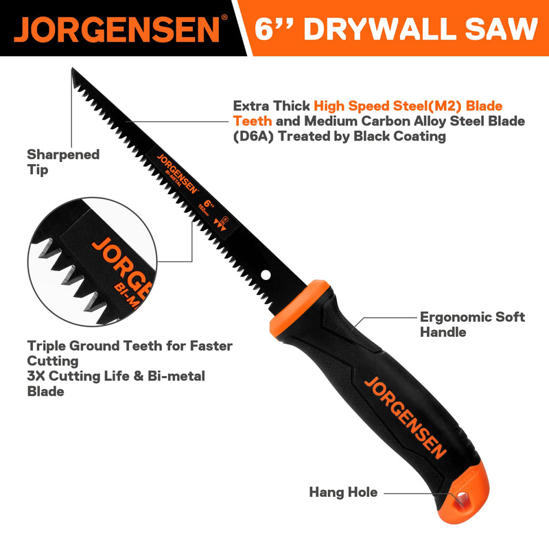 Jorgensen Drywall Saw & 6-inch Jab Saw, Keyhole Saw with Ergonomic Handle,Triple Ground Teeth, Faster Cutting Pumpkin Saw, Sheetrock Saw, Wallboard Saw with 8-TPI Bi-metal Blade,Pumpkin Carving Tools