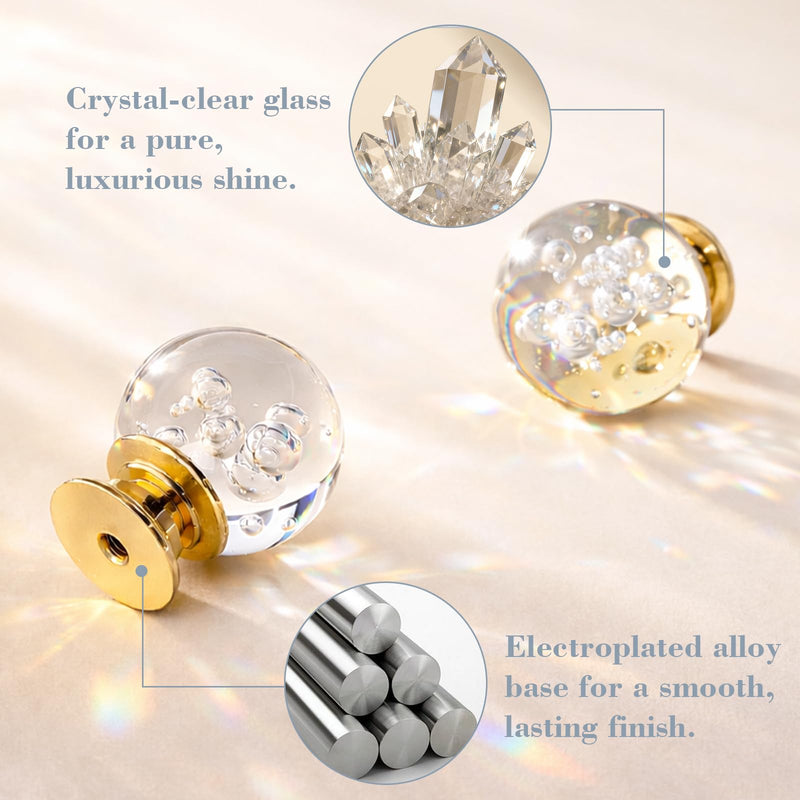 POZEAN Crystal Bubble Ball Knobs - 12PCS Decorative Cabinet Drawer Pulls, Transparent Crystal Sphere Handles with Gold Aluminum Base for DIY Furniture Upgrade, Closet, Kitchen, Desk, and Gift Use