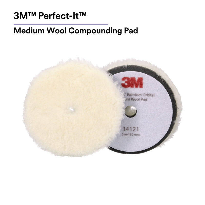 3M Perfect-It Random Orbital Medium Wool Compounding Pad, 5"/130 mm, White, 34121, Orbital Pads for Automotive Compounding and Polishing 5" 130mm