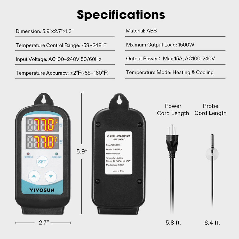 VIVOSUN 1500W Digital Temperature Controller, 2-Stage Outlet Thermostat Heating and Cooling Mode, Thermostat with Dual LED Display, for Homebrew Fermenter Greenhouse Terrarium, 110-240V 15A 1500W