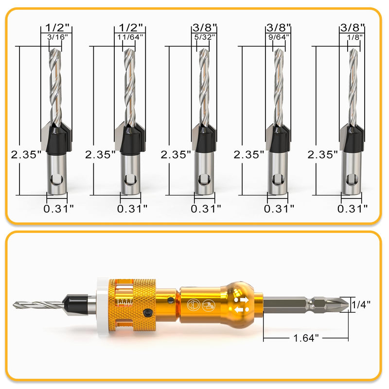 MEANLIN 5Pcs Countersink Drill Bit Set, Adjustable Bit Depth Stop with 1/4" Hex Shank Screwdriver Bit, HSS M2 Bits 1/8" 9/64" 5/32" Drill+3/8" 82°Counter-Bore, 11/64" 3/16" Drill+ 1/2" 82°Counter Bore