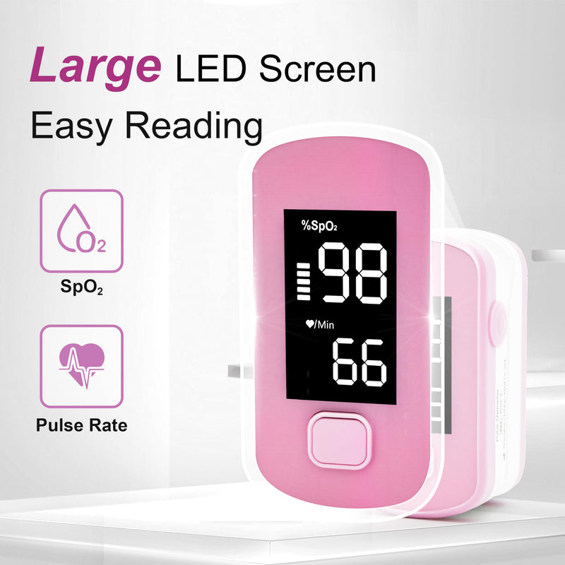 Pink Fingertip Pulse Oximeter,Blood Oxygen Saturation Monitor for Kids Adults, High Accuracy O2 Meter for All Skin,Battery and Lanyard Included (Pink)