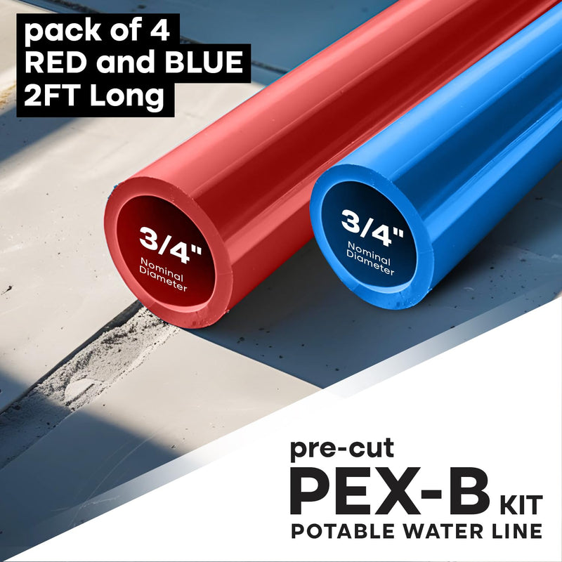 SUPPLYGIANT 3/4" x 4 Ft PEX-B Tube Stick, Pack of 2 Red and 2 Blue Pex Tubing for Potable Water Line Hot Water Plumbing, for Indoor/Outdoor Use 4.0