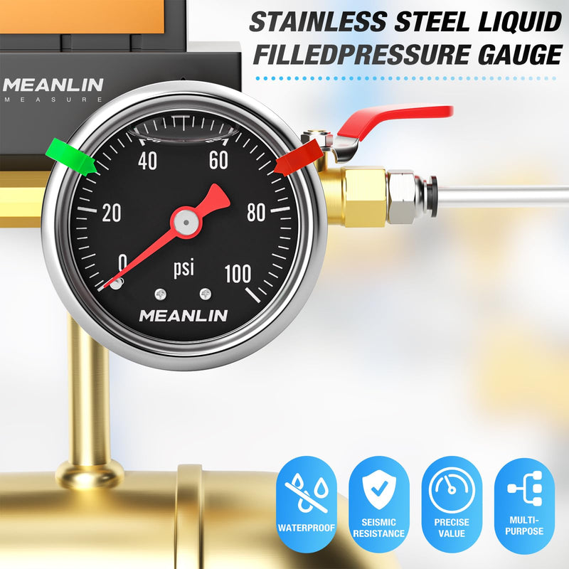 MEANLIN MEASURE 0~100Psi Stainless Steel 1/8" NPT 1.5" FACE DIAL, Glycerin Filled Pressure Gauge, Liquid Filled, Back Mount with 2PCS Snaps (Black) 0-100Psi Back Mount(Black Dial)