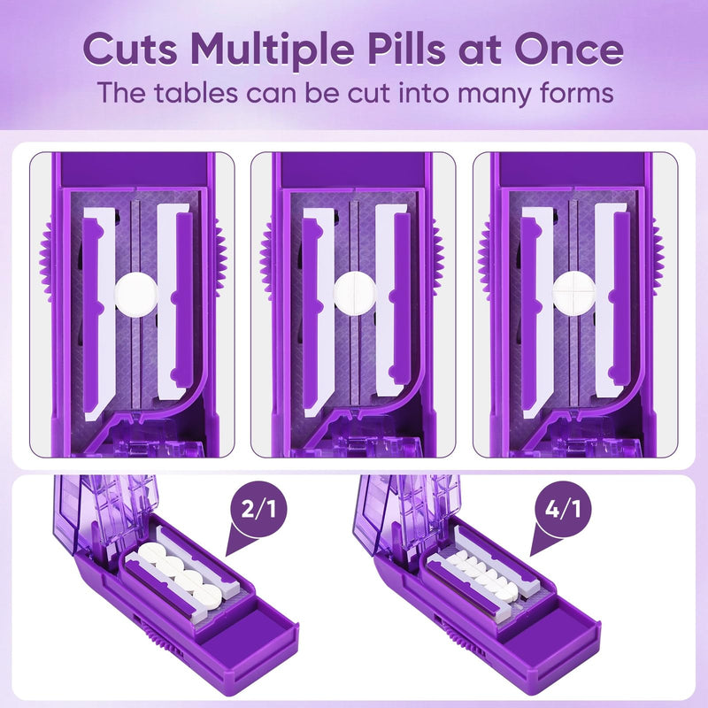 Multiple Pill Cutter for Small or Large Pills, Adjustable Pill Splitter for Multi Tablets, Stainless Steel Cutting Blade and Blade Guard (Purple) Purple