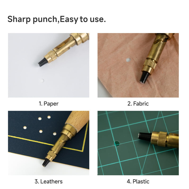KEARING Wooden Screw Punch - 6 Sizes Adjustable Leather & Paper Hole Punch | Automatic press-down hole punch for bookbinding and leathercraft. Includes 6 interchangeable bits from 1.5mm to 4.0mm.
