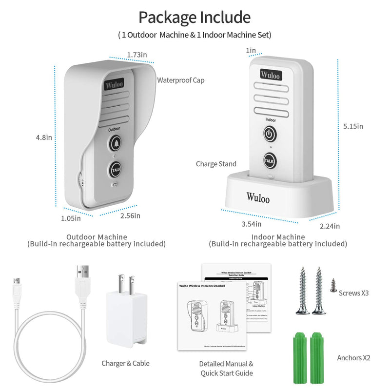 Wuloo Wireless Intercom Doorbell Chime for Home Intercomunicador (1&1-White) 1&1-White