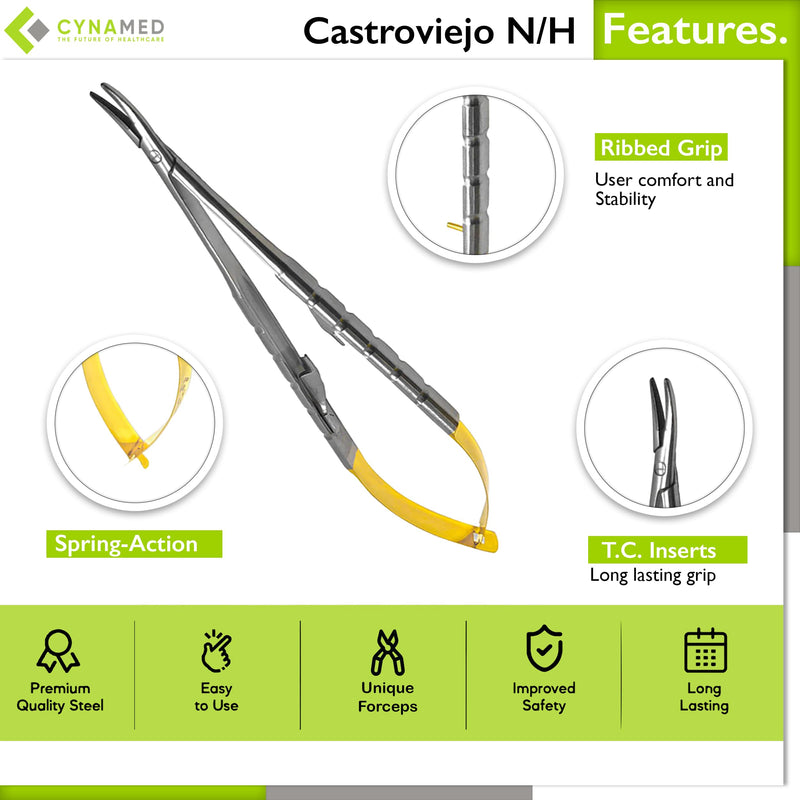Cynamed TC Castroviejo Micro Needle/Suture Holder Driver with Tungsten Carbide Inserts and Gold Ends - Premium Grade Instrument (5.5 in. Curved Jaws) 5.5 in. Curved Jaws