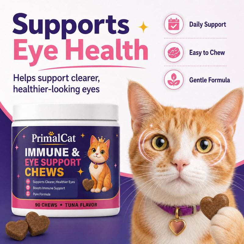Immune & Eye Support Chews, 90 Primal Cat Immune Chews (Tuna Flavor), Cat Food, Vision Support, Supports Healthy Eyes and Immune Function (90 Chews) 90 Chews