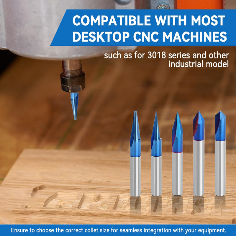 CNC Wood Carving Router Bits Set of 5, 1/4 Shank, 15°/20°/30°/60°/90° Engraving Bits 2 Flutes Straight CNC V-bit with Nano Blue Coating CNC Milling Cutter Engraving Router