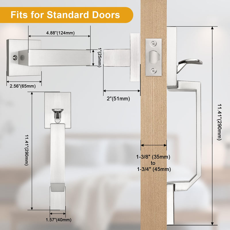 Probrico Satin Nickel Front Door Handleset,Modern Entry Door Handle with Reversible Lever,Square Passage Door Handle with No Lock 1